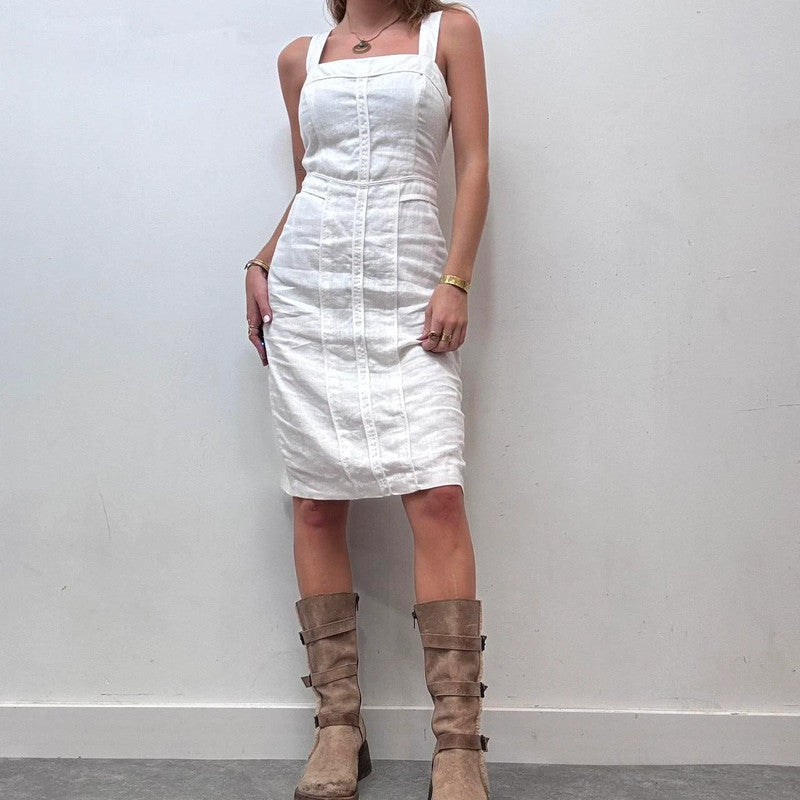 white linen fitted midi dress