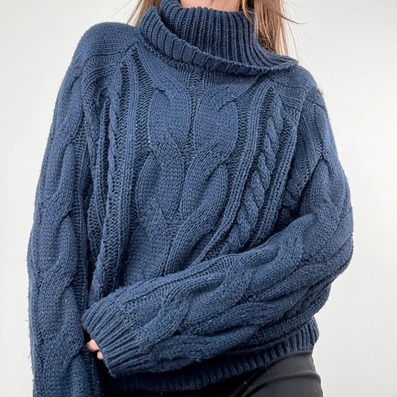navy chunky cable knit turtle neck jumper