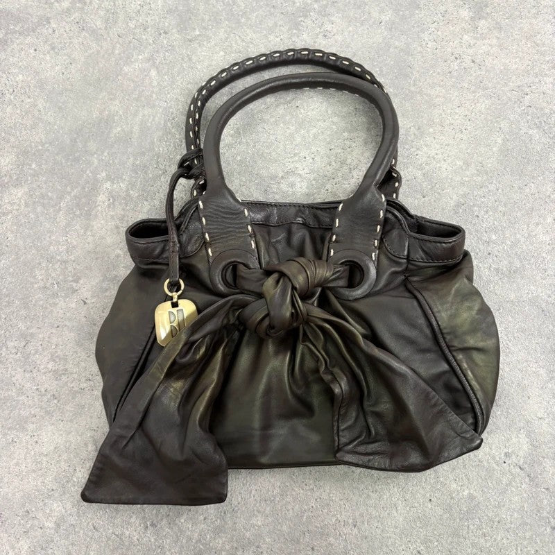 brown leather shimmer bow slouchy Y2K hobo handbag
