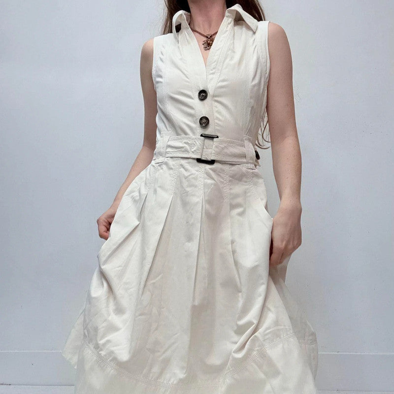 white flared button fitted midi dress