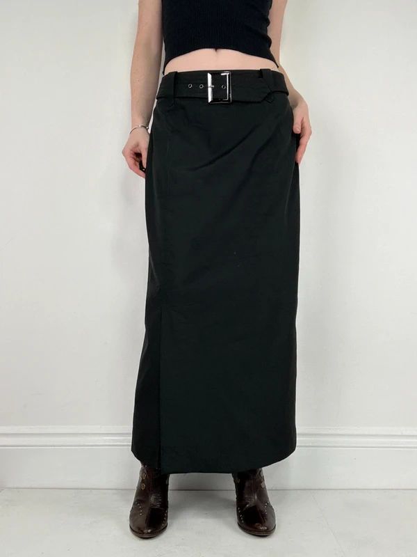 black a-line maxi belted skirt