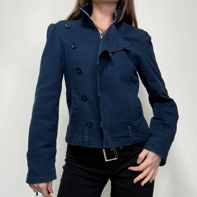 blue asymmetric button military jacket