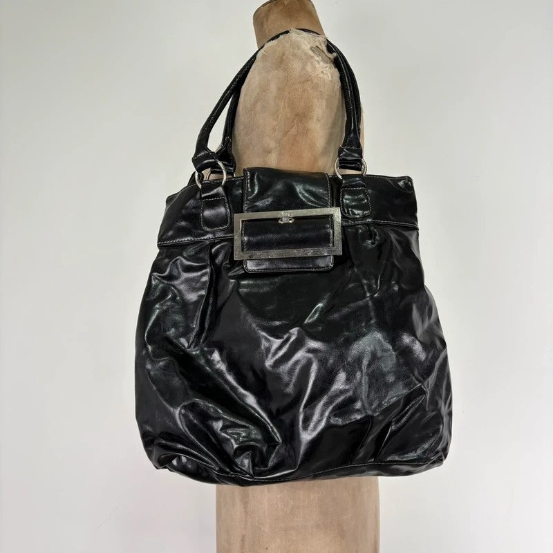 Faux leather patent black Y2K buckle bag