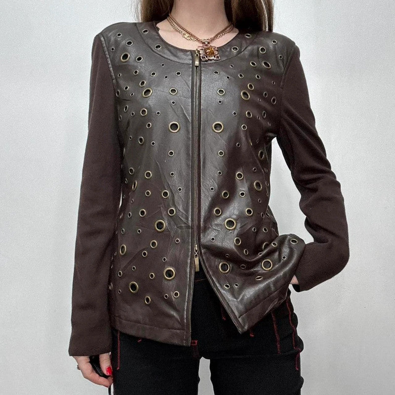 brown studded eyelet leather jacket