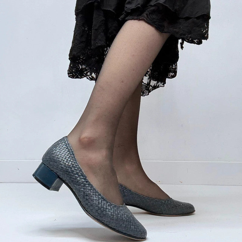 navy woven leather heel ballet pumps