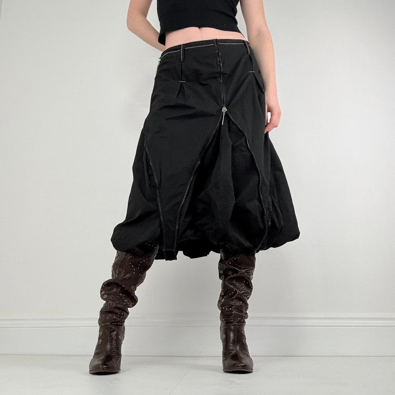 Black structured puff zip midi skirt