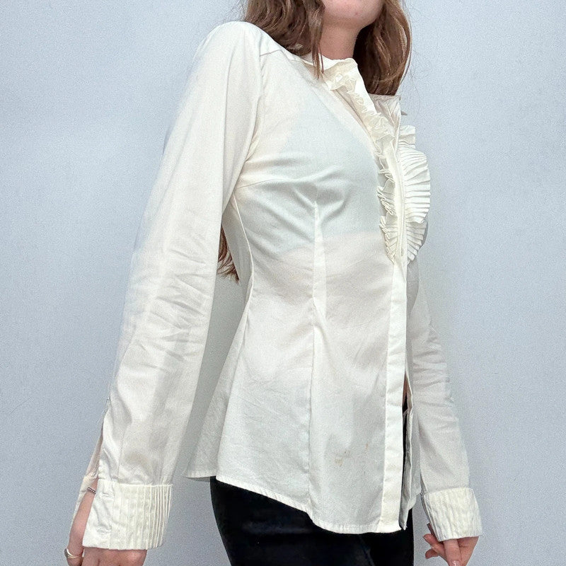 white fitted ruffle shirt