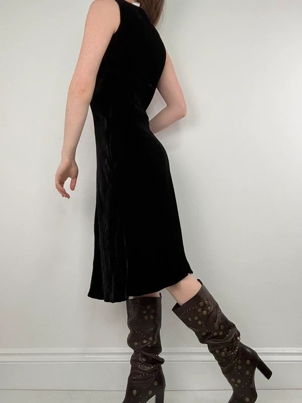 black velvet fitted flared midi dress