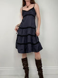 navy and lack lace flared tiered midi dress