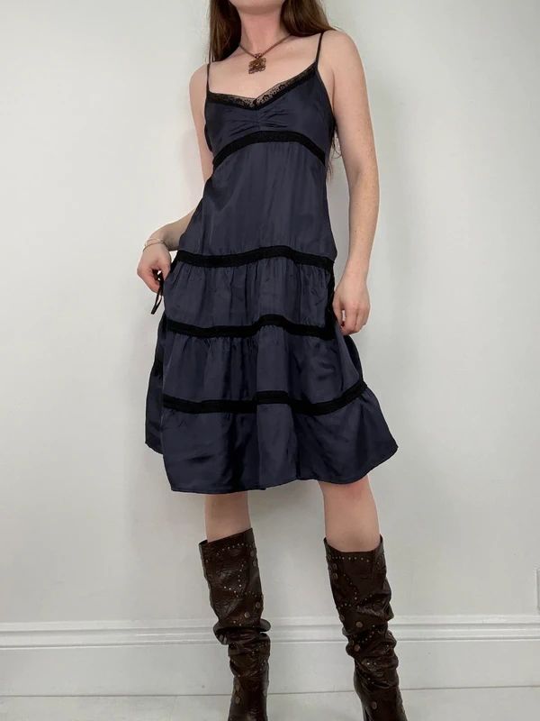 navy and lack lace flared tiered midi dress
