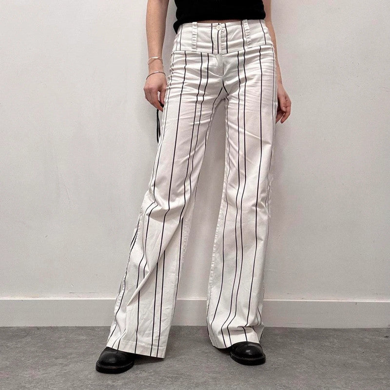 white pinstripe flared suit pants