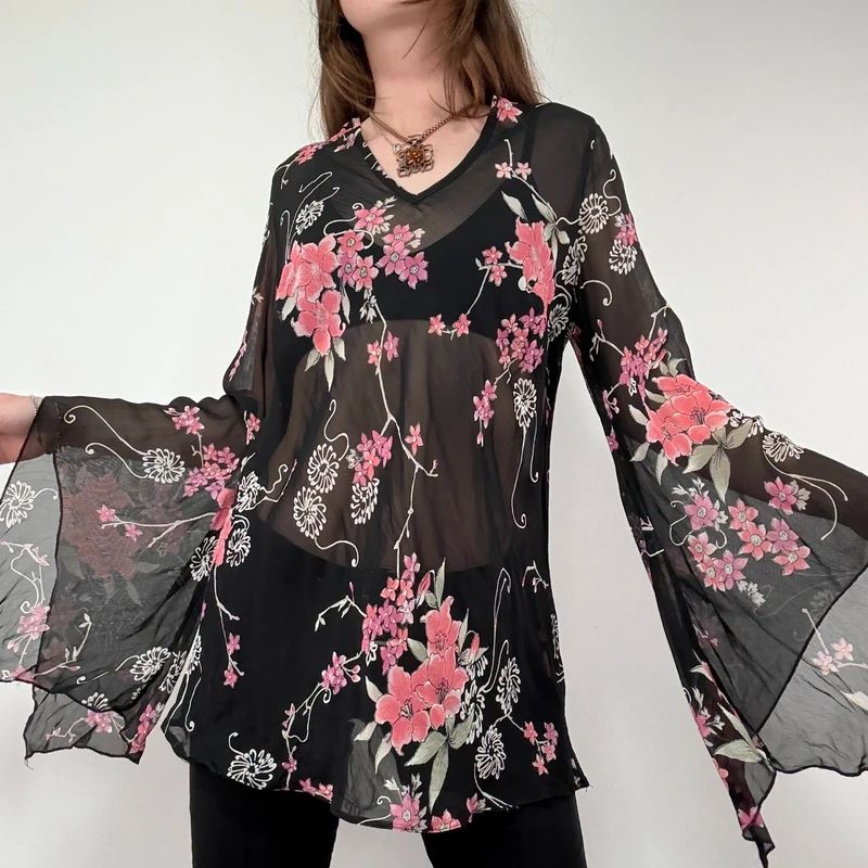 Sheer Black Asymmetric Flutter Blouse