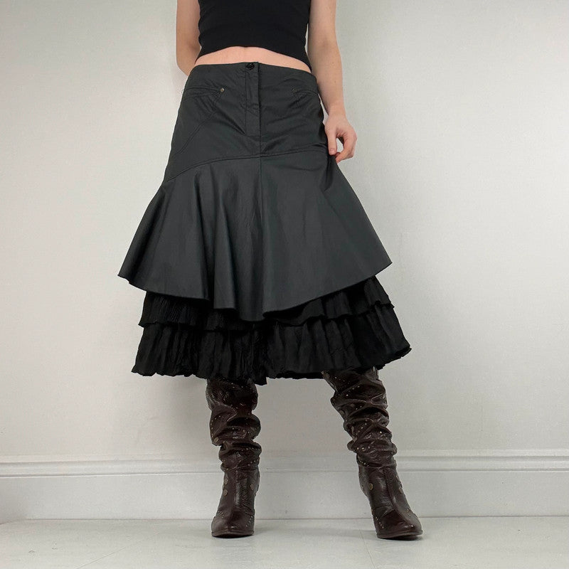black pleated layered flared midi skirt