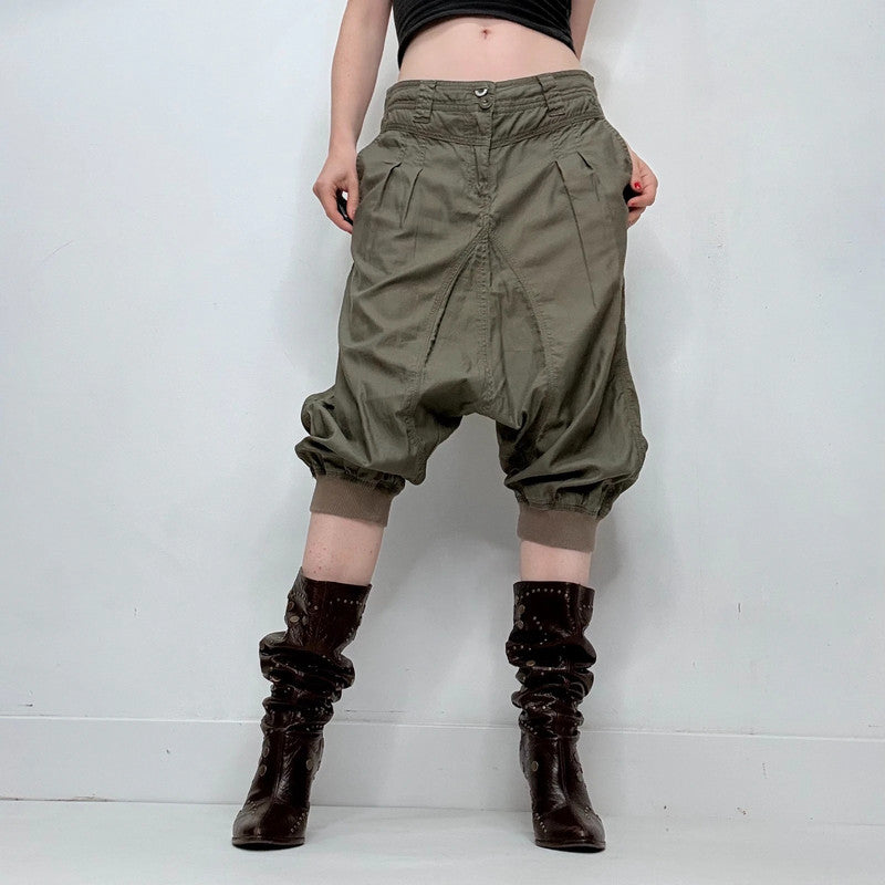 khaki drop crotch pleated balloon capri pants