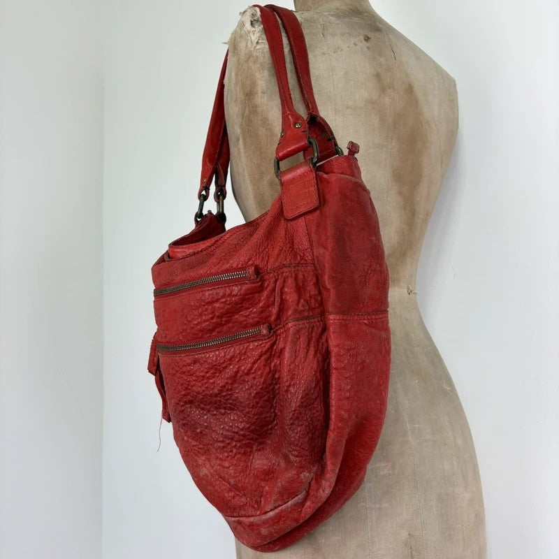 Vintage red leather cargo zipper city handbag