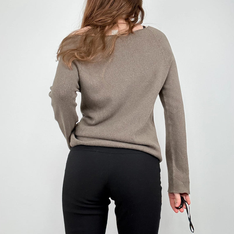 slouchy brown knit off the shoulder jumper