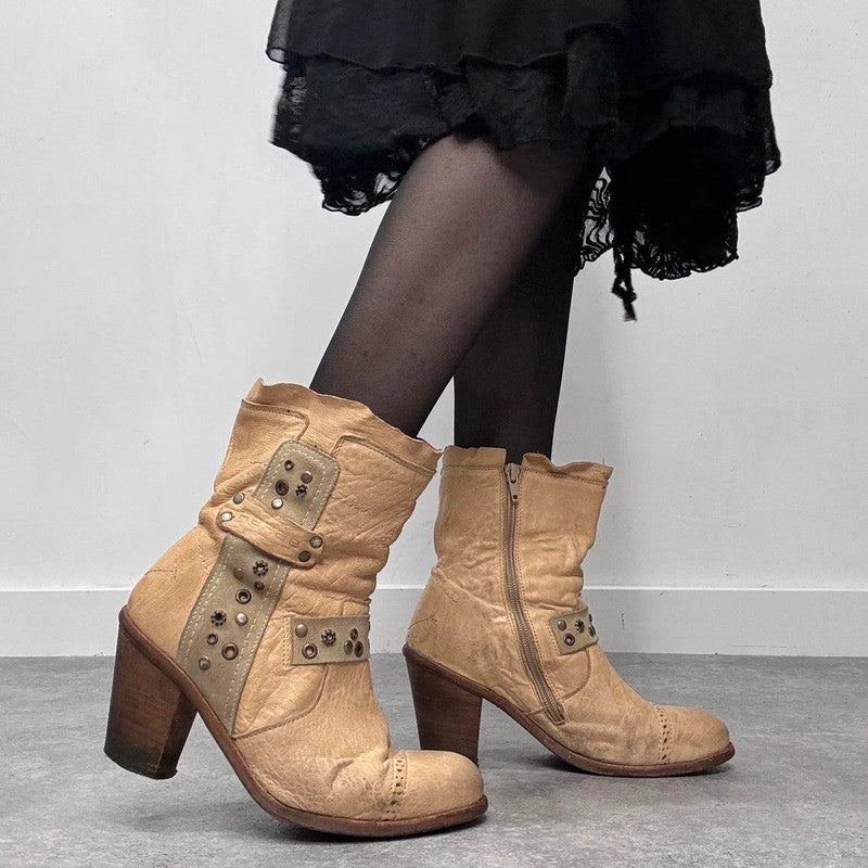 Cream leather studded eyelet boots