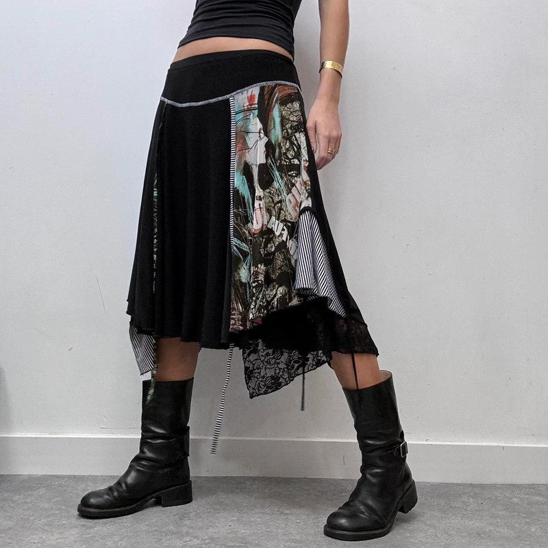 black pinstripe grunge asymmetric midi skirt