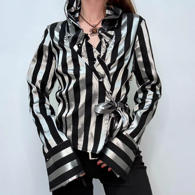 asymmetric striped ruffle shirt