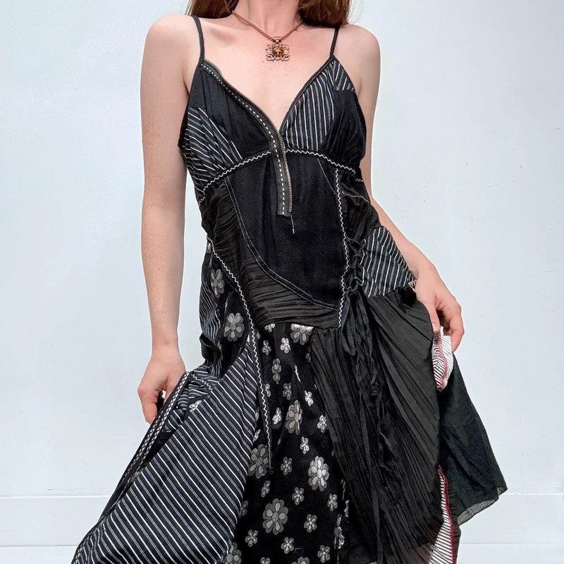 black patchwork polka dot asymmetric dress