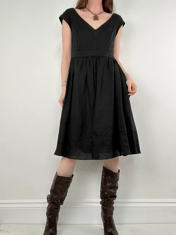 black pleated drop waist linen midi dress