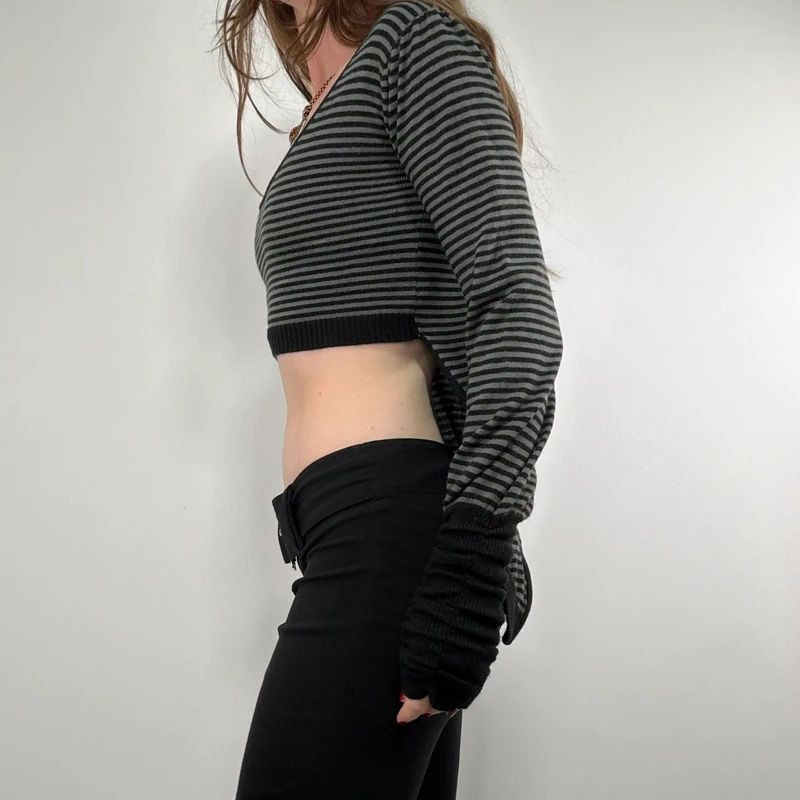 cropped pinstripe gathered engineered jumper