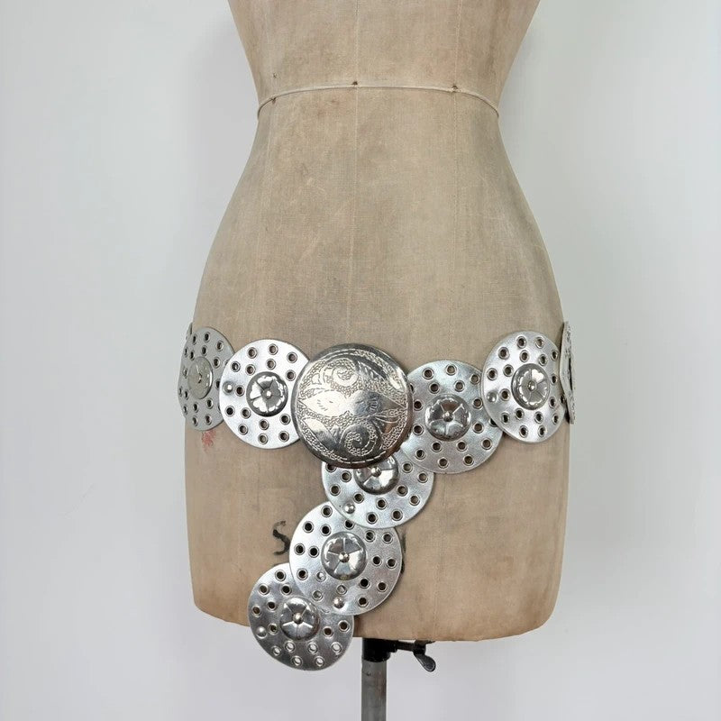 Silver leather studded circle belt