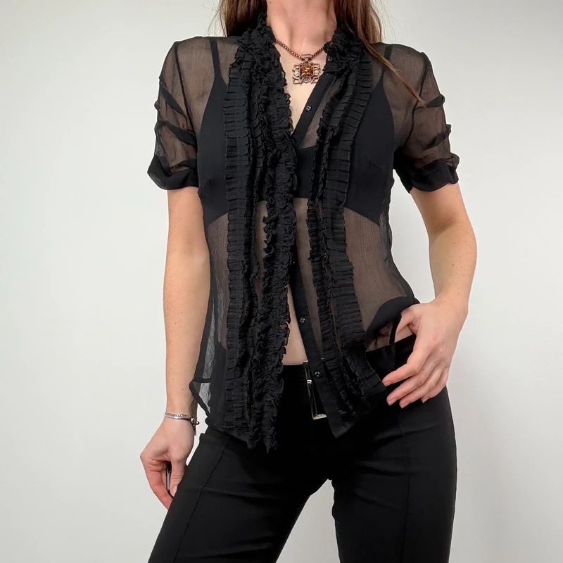 black sheer silk ruffle shirt with short sleeves