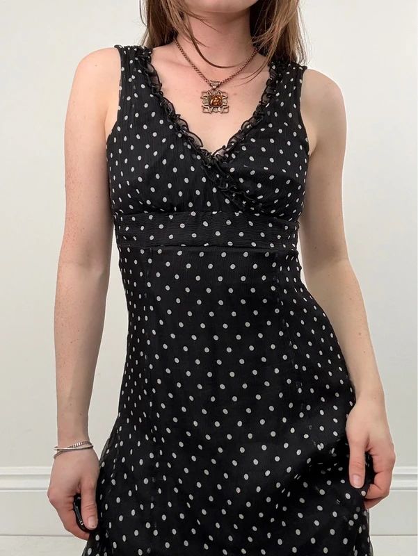silk black and white polkadot slip dress