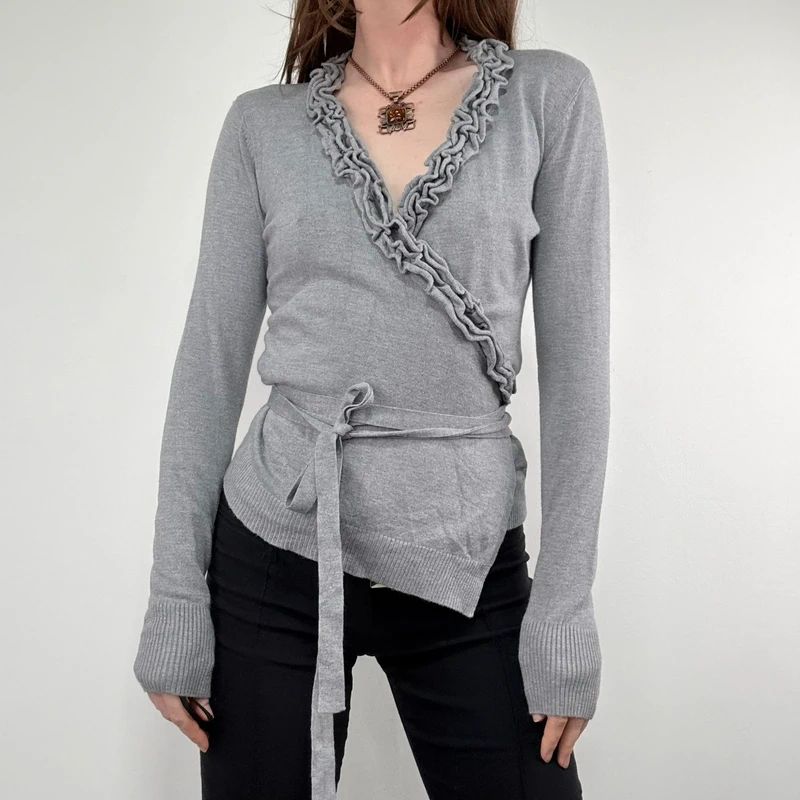grey knit ruffle wrap cardigan