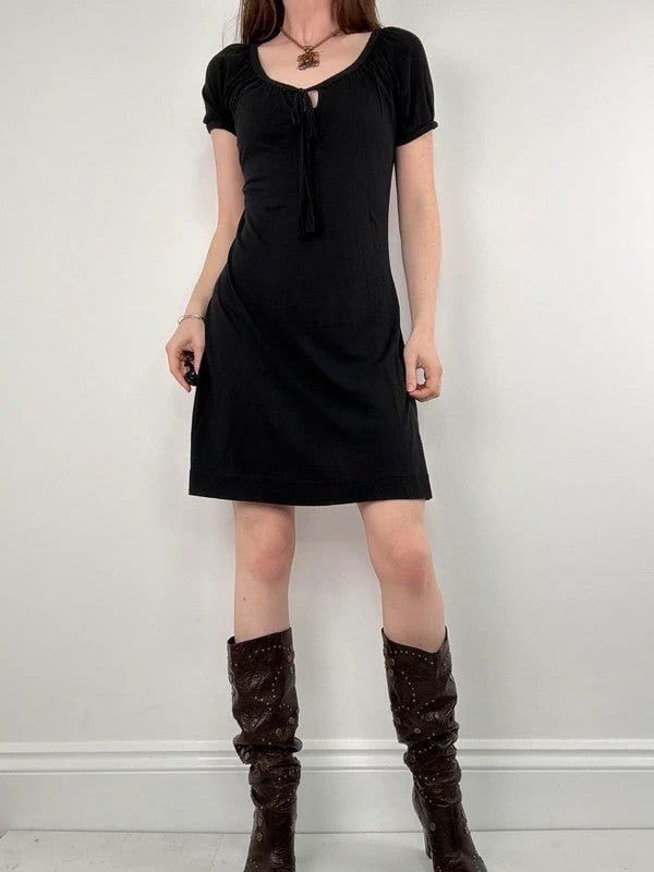 slouchy black bow neck mini dress