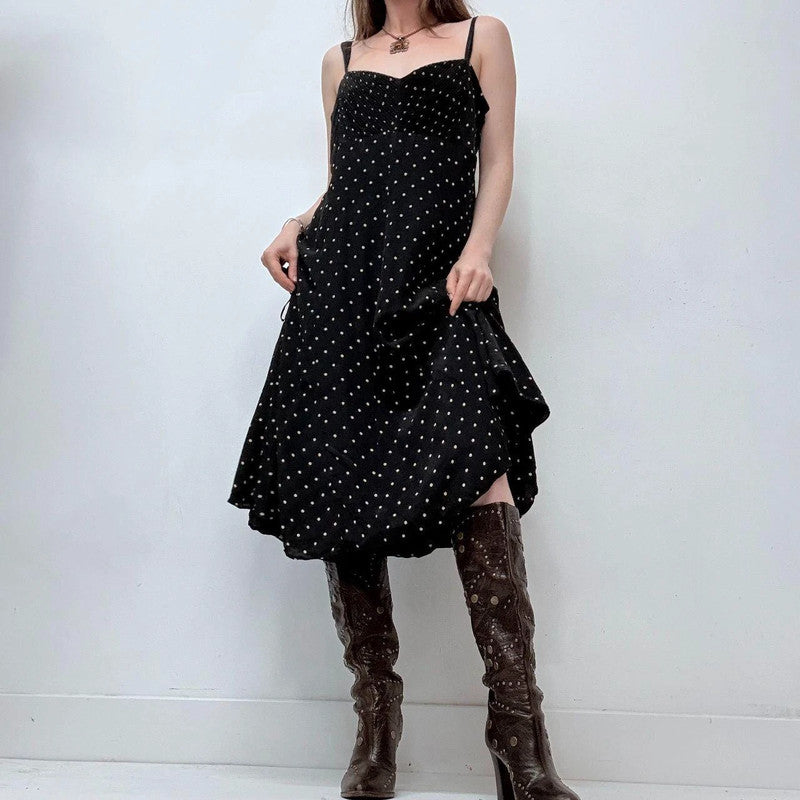 black polkadot flared flutter midi dress