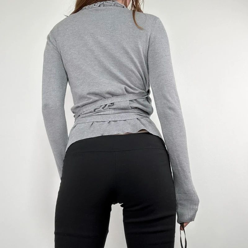 grey knit ruffle wrap cardigan