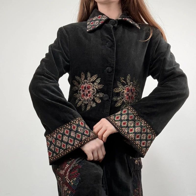 embroidered black velvet longline jacket
