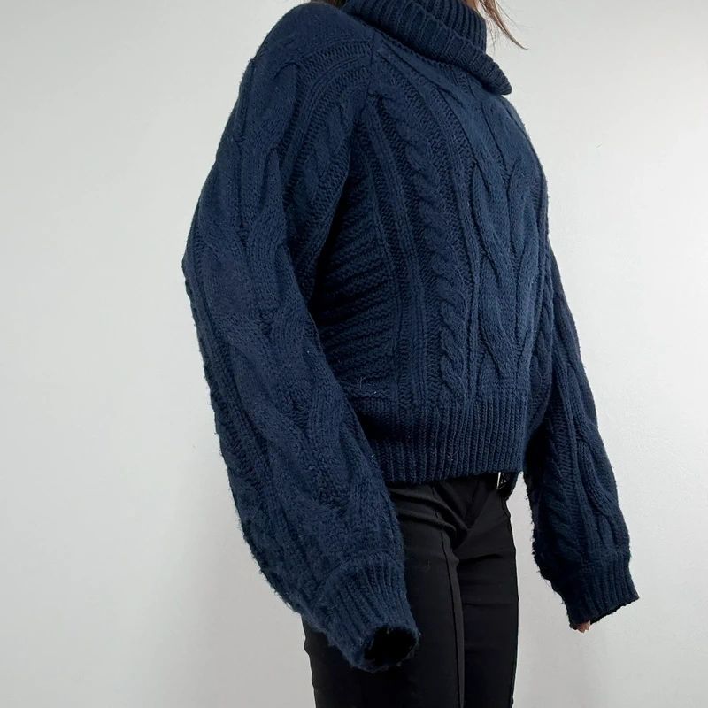 navy chunky cable knit turtle neck jumper