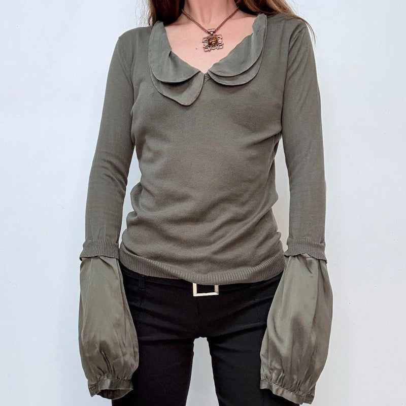 khaki flared puff silk sleeve shirt