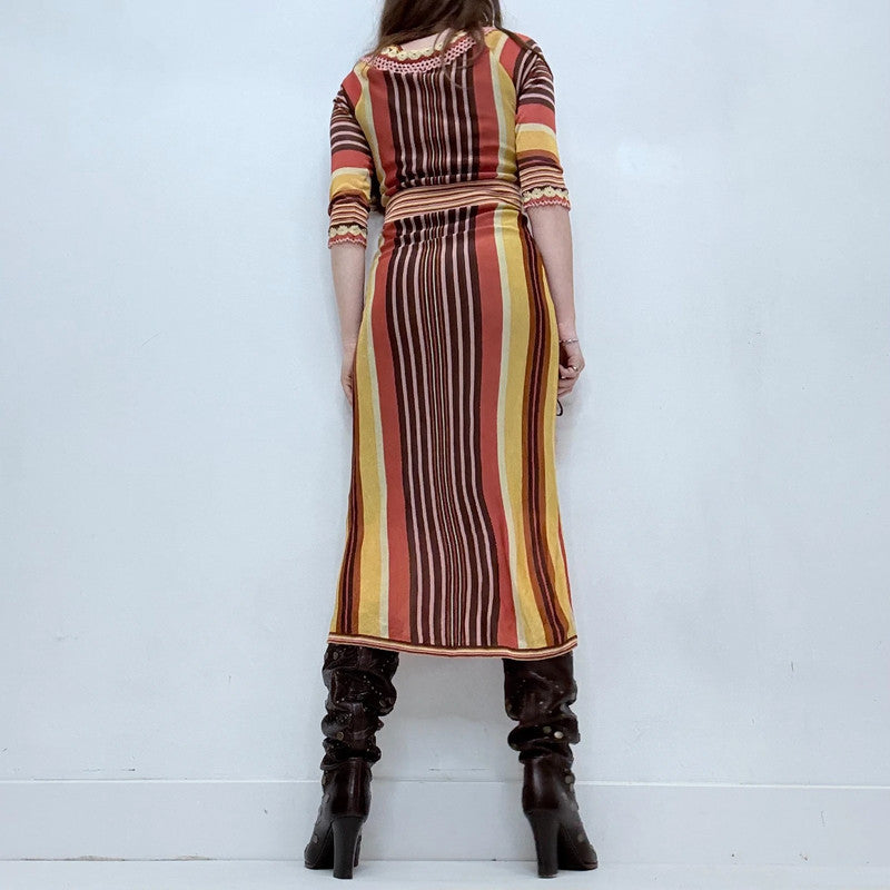 brown striped knitted crochet dress