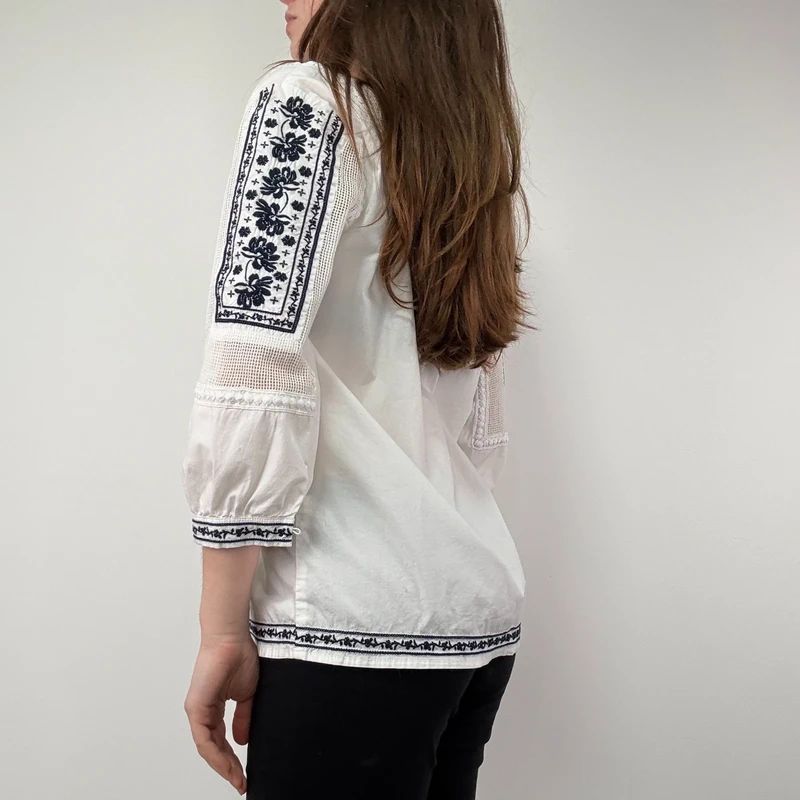 White Crochet Embroidered Cotton Blouse