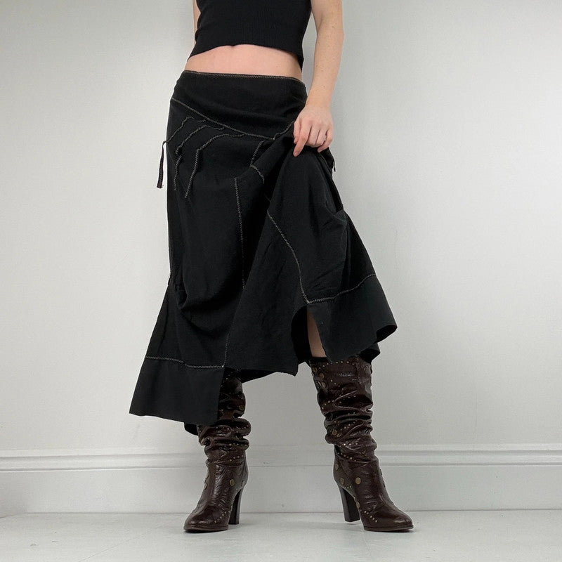 panelled patchwork asymmetric black midi skirt