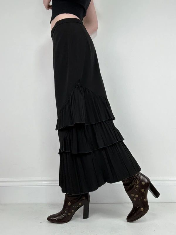 black asymmetric pleated ruffle maxi skirt