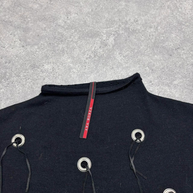 black knit eyelet studded jumper