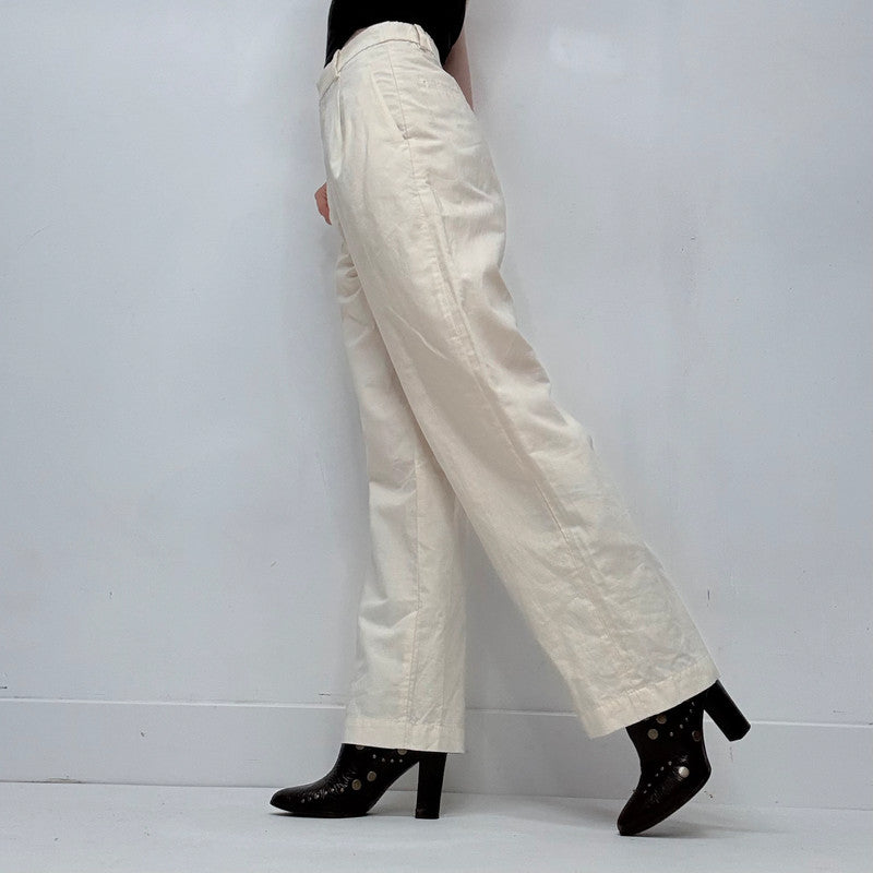 cream linen uniqlo wide leg pleated front trousers