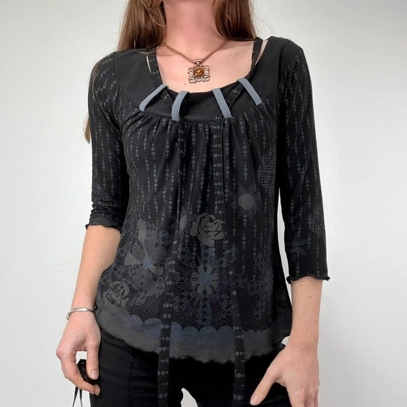 black wide neck belt loop 3/4 length sleeve polkadot t-shirt