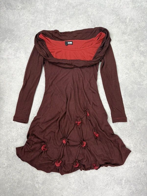 layered cinched long sleeve burgundy flared dress