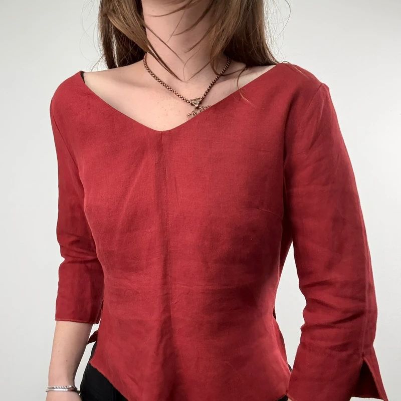 red linen flared fitted slit blouse top