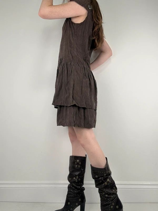 brown crinkle layered shirt dress