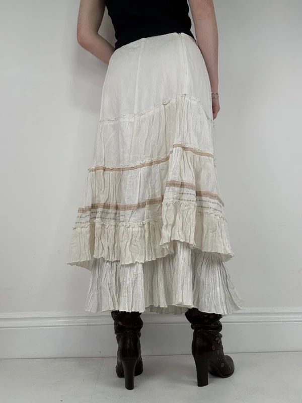 white pleated flared boho fairy maxi skirt