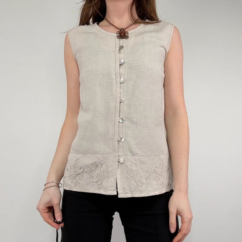 tan linen button vest