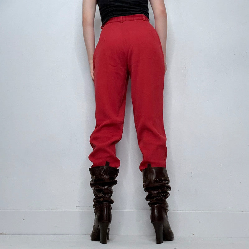red pinstripe textured straight leg trousers
