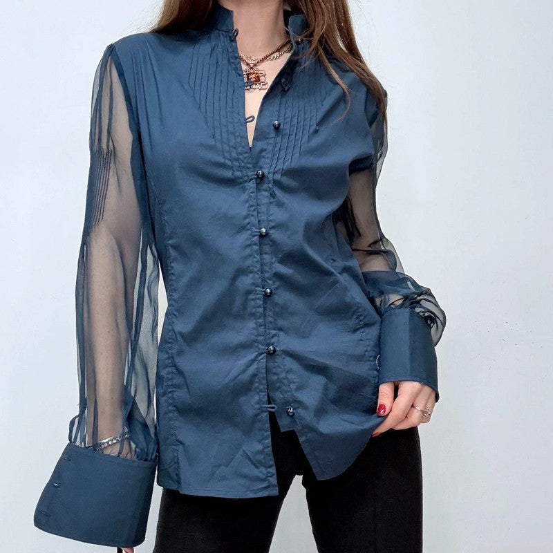 navy fitted shirt sheer puff sleeves